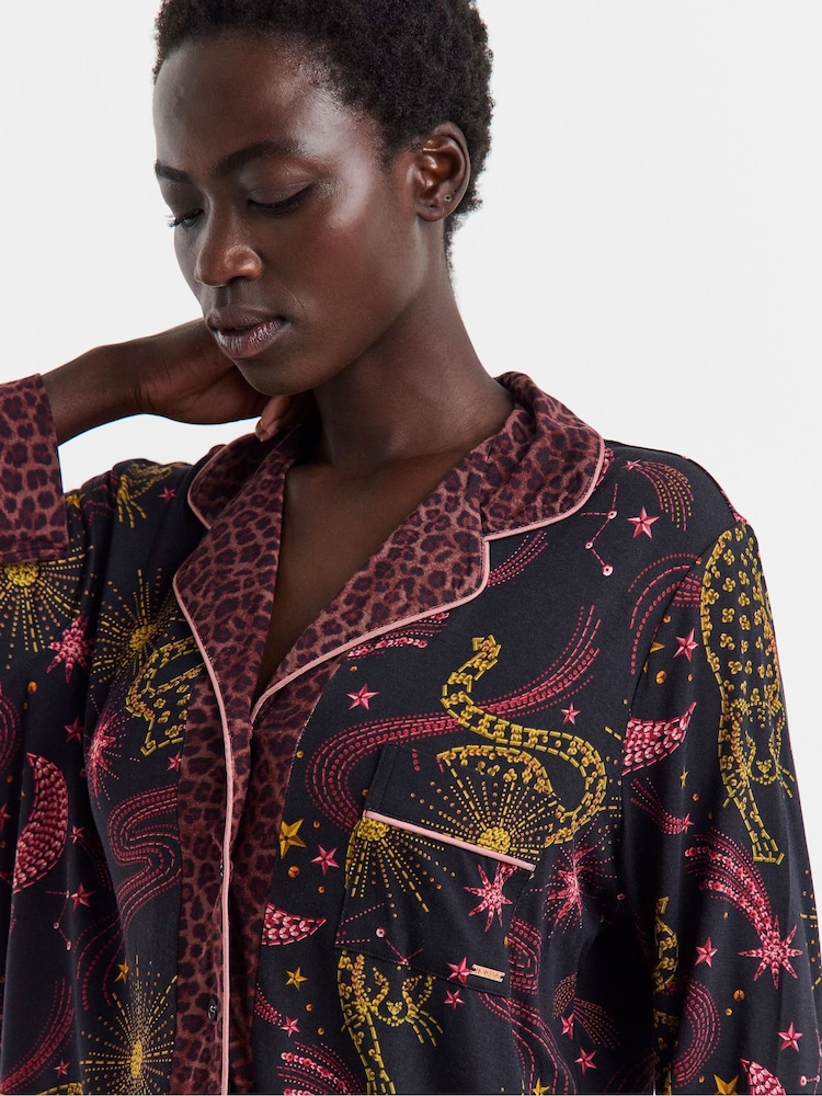 Figleaves Black Celestial Leopard Contrast Pyjamas & Eyemask Set - Image 4 of 4 Figleaves Black Celestial Leopard Contrast Pyjamas & Eyemask Set - Image 4 of 4