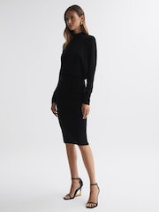 Reiss Black Freya Petite Wool Blend Ruched Sleeve Midi Dress - Image 1 of 6