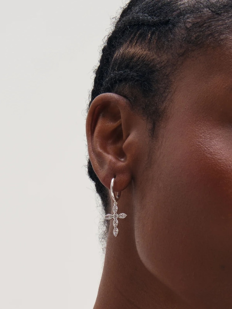 Inicio Silver Tone Bezel Cross Charm Earrings - Image 1 of 2 Inicio Silver Tone Bezel Cross Charm Earrings - Image 1 of 2