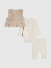 River Island Faux Fur Gilet with Ribbed Bodysuit & Leggings Set - Image 2 sur 5