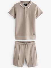 Stone Natural Textured Polo And Shorts Set (3-16yrs) - Image 1 of 3