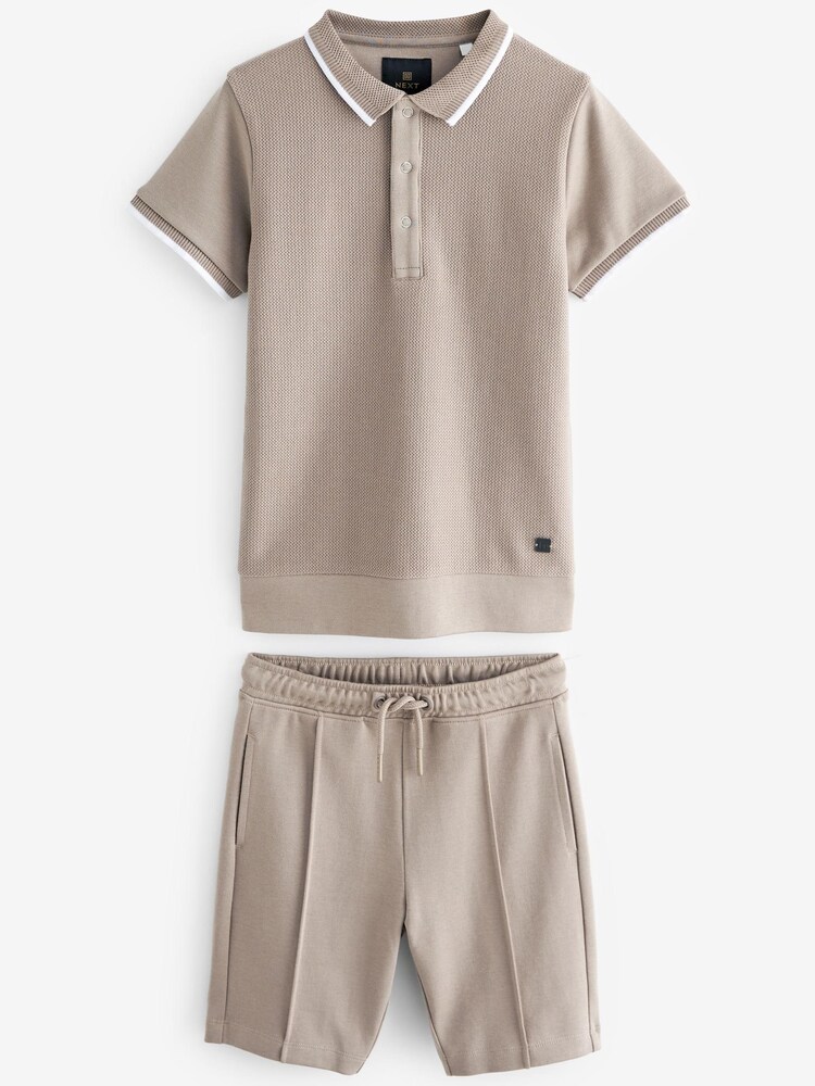 Stone Natural Textured Polo And Shorts Set (3-16yrs) - Image 1 of 3
