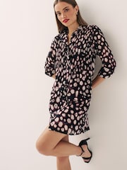 Black/White/Red Spot Pintuck Long Sleeve Mini Dress - Image 1 of 6