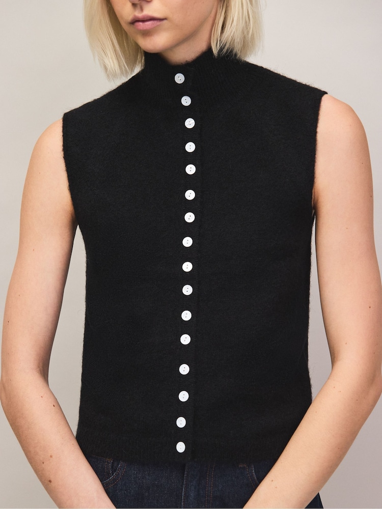 Ro&Zo Black Pearl Button Through Knit Top With Wool - Image 1 of 6