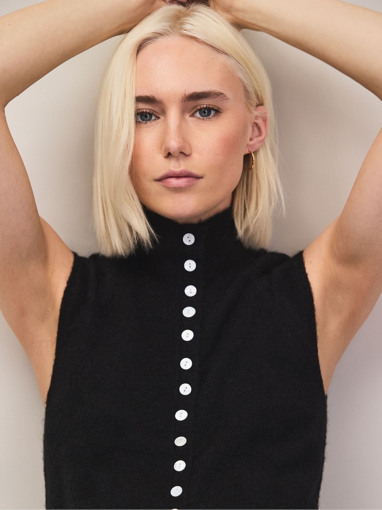 Ro&Zo Black Pearl Button Through Knit Top With Wool - Image 2 of 6