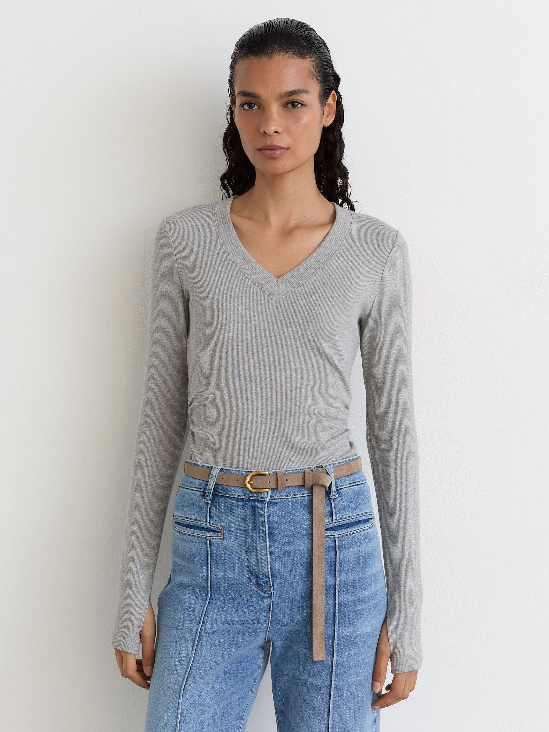 Reiss Grey Marl Cotton-stretch V-neck Ruched Top In Gray