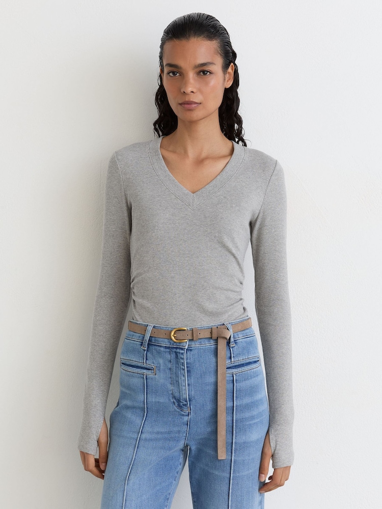 Reiss Grey Marl Sandrine Cotton-Stretch V-Neck Ruched Top - Image 1 of 6 Reiss Grey Marl Sandrine Cotton-Stretch V-Neck Ruched Top - Image 1 of 6