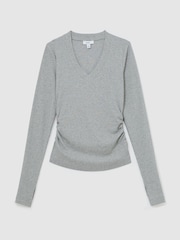 Reiss Grey Marl Sandrine Cotton-Stretch V-Neck Ruched Top - Image 2 of 6