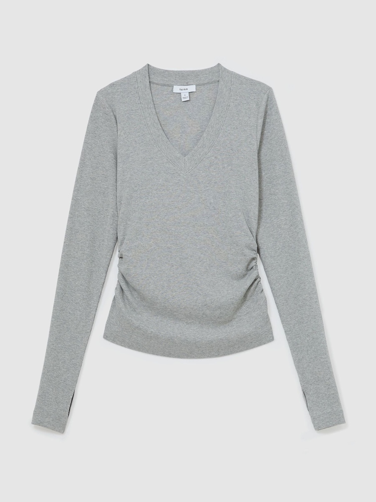 Reiss Grey Marl Sandrine Cotton-Stretch V-Neck Ruched Top - Image 2 of 6 Reiss Grey Marl Sandrine Cotton-Stretch V-Neck Ruched Top - Image 2 of 6