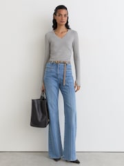 Reiss Grey Marl Sandrine Cotton-Stretch V-Neck Ruched Top - Image 4 of 6