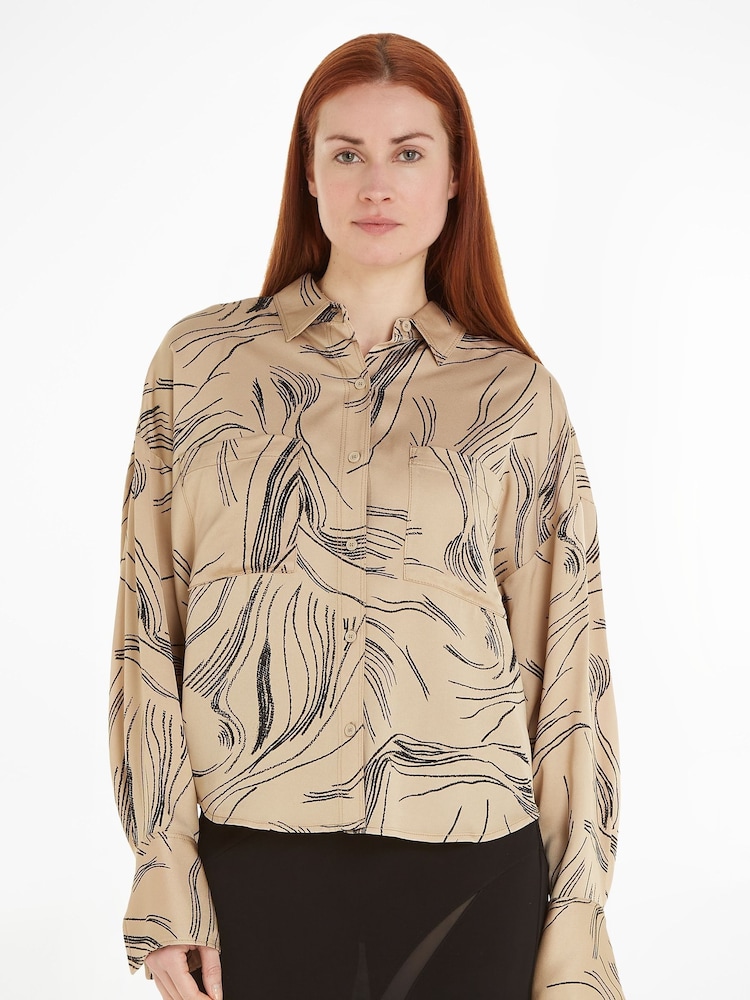 Calvin Klein Natural Fine Print Blouse - Image 1 of 6 Calvin Klein Natural Fine Print Blouse - Image 1 of 6