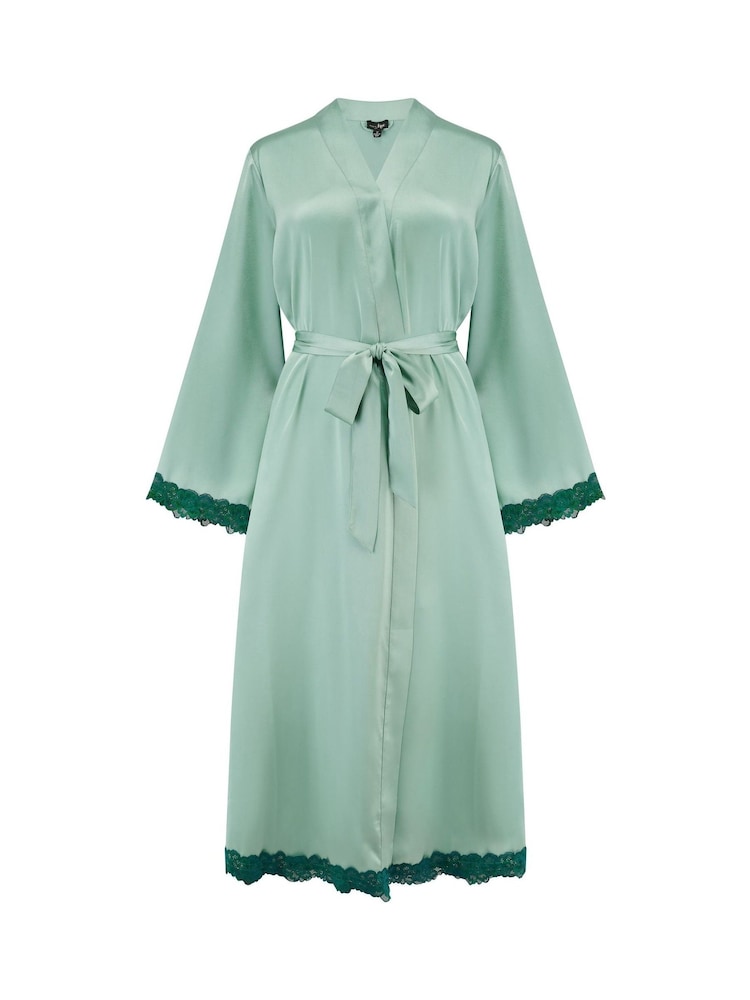 green kimono dressing gown Womens Pour Moi Dusk Satin and Lace Sleeve US 8 neckline: collar