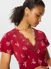 Whistles Red Floral Lace Trim Midi Dress - Image 2 of 5
