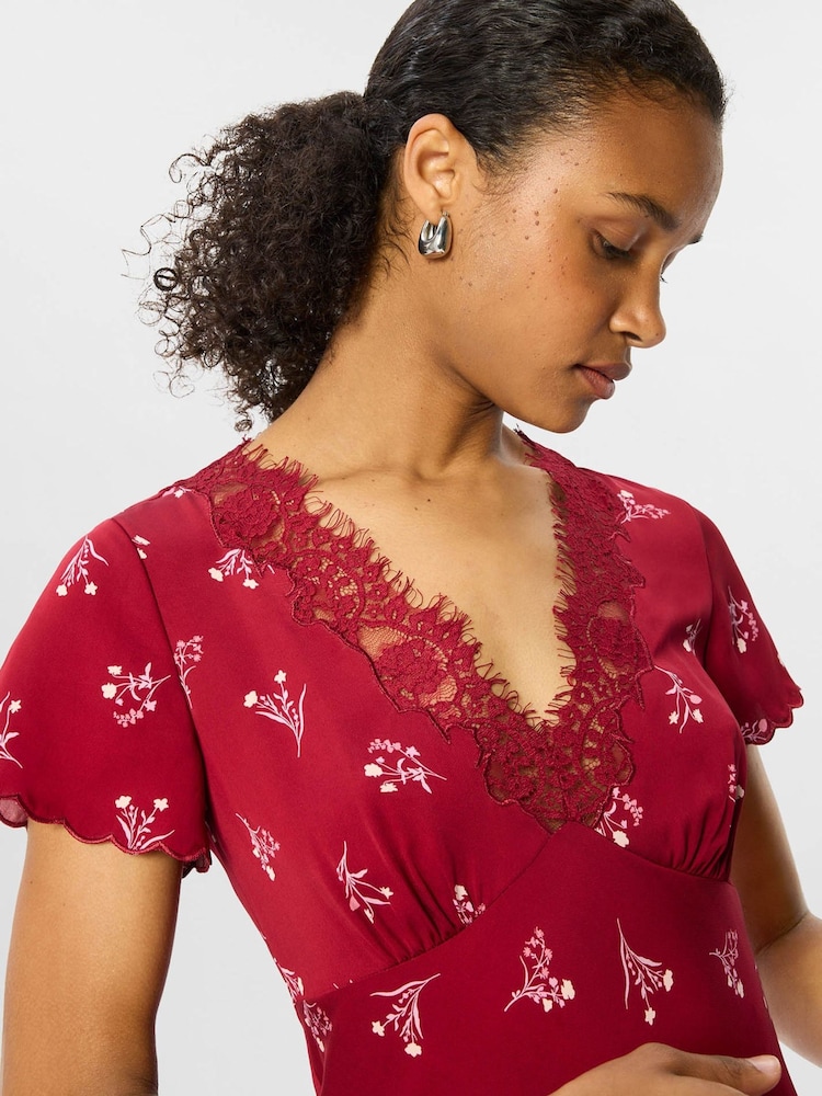 Whistles Red Floral Lace Trim Midi Dress - Image 2 of 5 Whistles Red Floral Lace Trim Midi Dress - Image 2 of 5