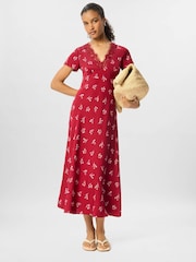 Whistles Red Floral Lace Trim Midi Dress - Image 3 of 5