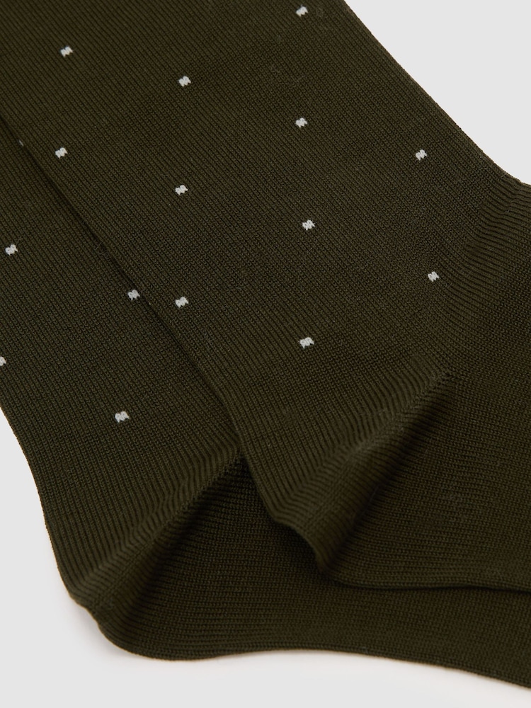 Reiss Khaki Green Mario Spot Mercerised Cotton-Blend Polka-Dot Socks - Image 3 of 3 Reiss Khaki Green Mario Spot Mercerised Cotton-Blend Polka-Dot Socks - Image 3 of 3