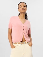 Whistles Pink Short Sleeve Button Front Knit Cardigan - Image 3 of 5