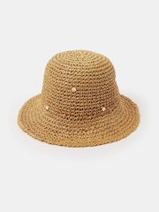 Accessorize Natural Beaded Flower Straw Bucket Hat - Image 1 of 2