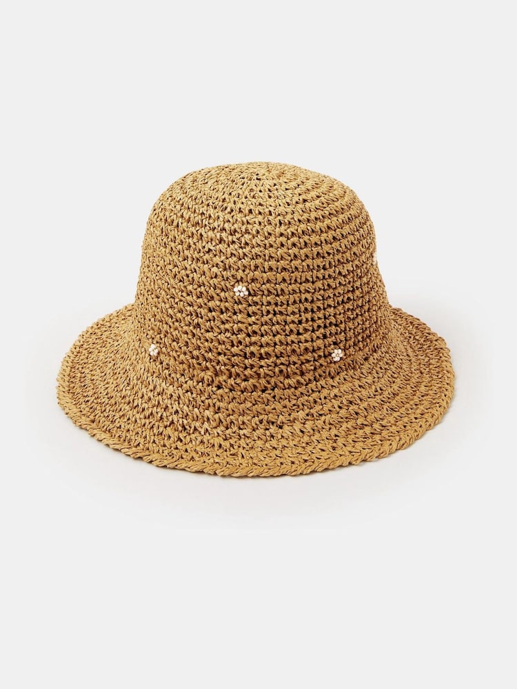 Accessorize Natural Beaded Flower Straw Bucket Hat - Image 1 of 2