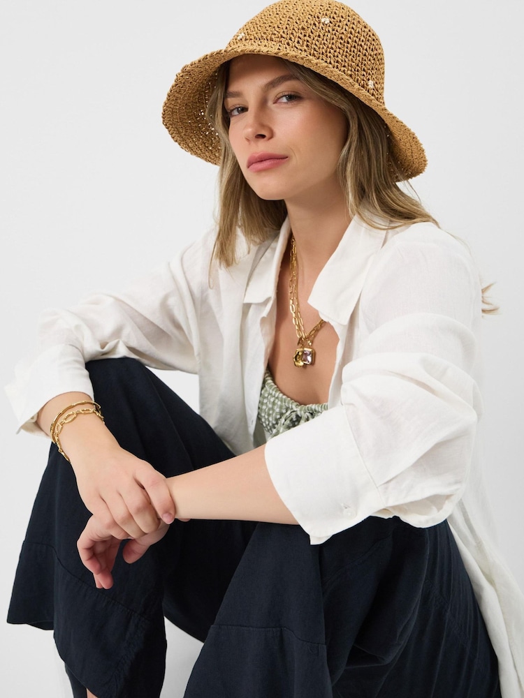 Accessorize Natural Beaded Flower Straw Bucket Hat - Image 2 of 2