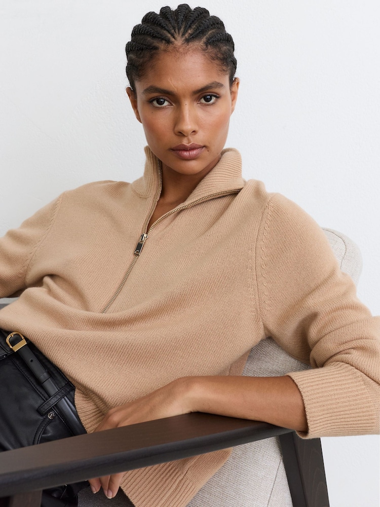 Reiss Camel Saffron Wool-Cashmere Half-Zip Jumper - Image 1 of 7 Reiss Camel Saffron Wool-Cashmere Half-Zip Jumper - Image 1 of 7