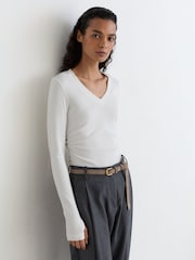 Reiss White Sandrine Cotton-Stretch V-Neck Ruched Top - Image 1 of 6