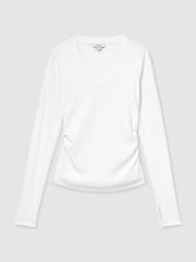 Reiss White Sandrine Cotton-Stretch V-Neck Ruched Top - Image 2 of 6
