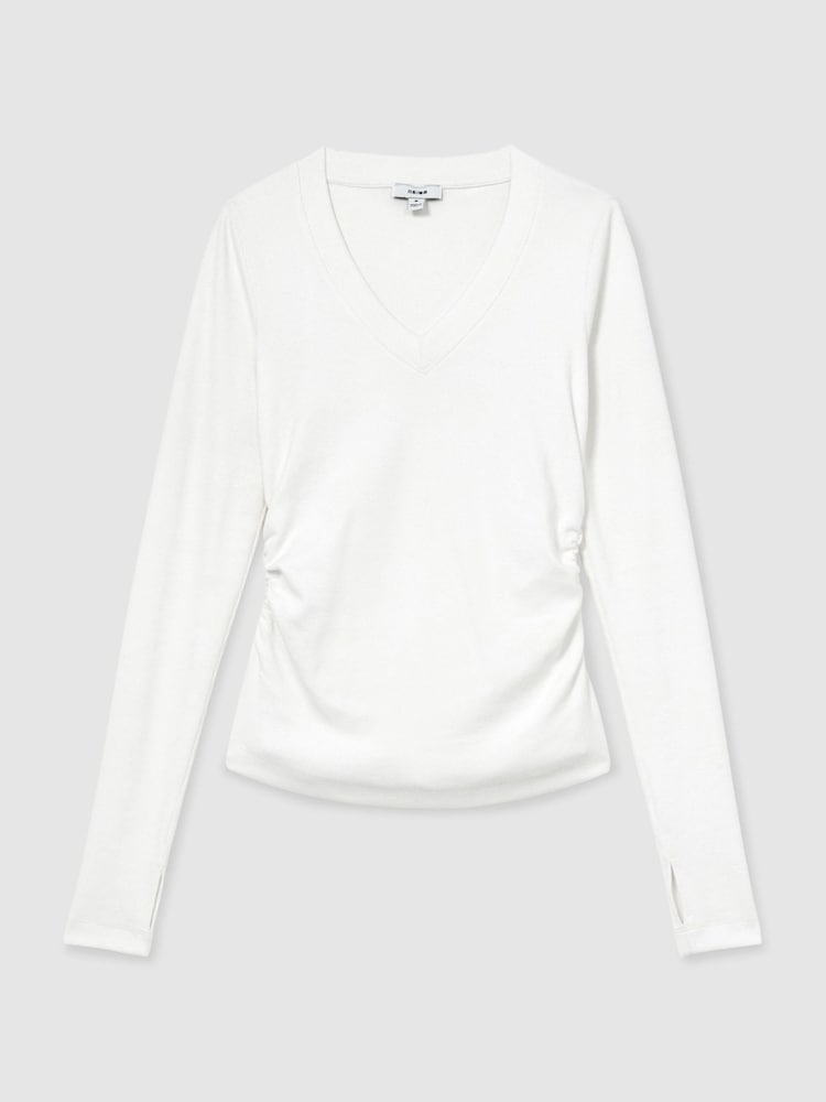 Reiss White Sandrine Cotton-Stretch V-Neck Ruched Top - Image 2 of 6 Reiss White Sandrine Cotton-Stretch V-Neck Ruched Top - Image 2 of 6