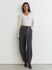 Reiss White Sandrine Cotton-Stretch V-Neck Ruched Top - Image 4 of 6