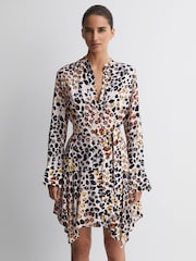 Reiss Nude/Black Sylvie Animal Print Asymmetric Belted Dress - Image 1 of 5