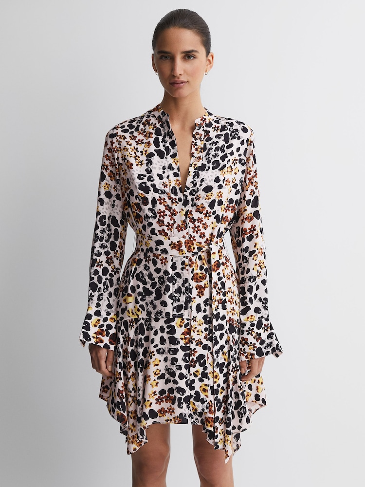 Reiss Nude/Black Sylvie Animal Print Asymmetric Belted Dress - Image 1 of 5