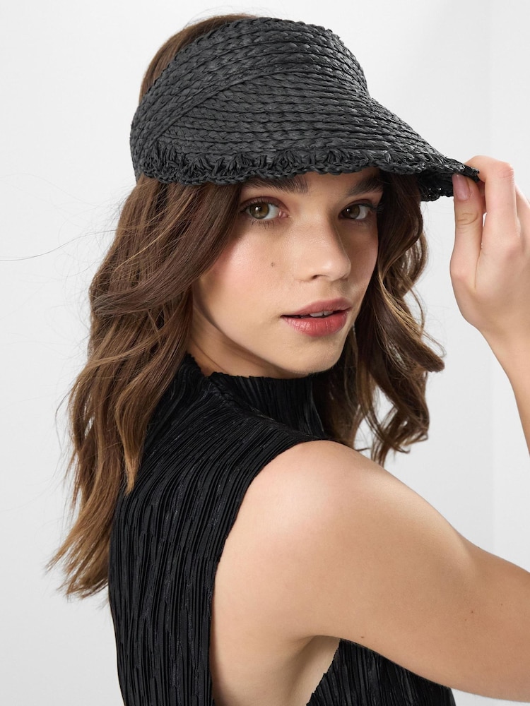 Accessorize Black Woven Scallop Trim Sun Visor Hat - Image 1 of 2