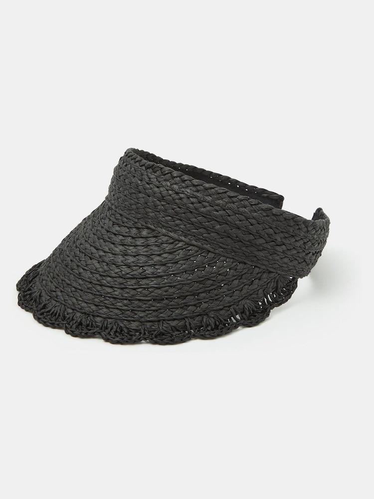 Accessorize Black Woven Scallop Trim Sun Visor Hat - Image 2 of 2