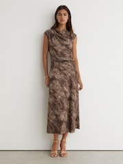 Reiss Brown Print Camie Draped-Detail Printed Midi Dress - Image 1 of 7