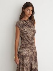 Reiss Brown Print Camie Draped-Detail Printed Midi Dress - Image 3 of 7