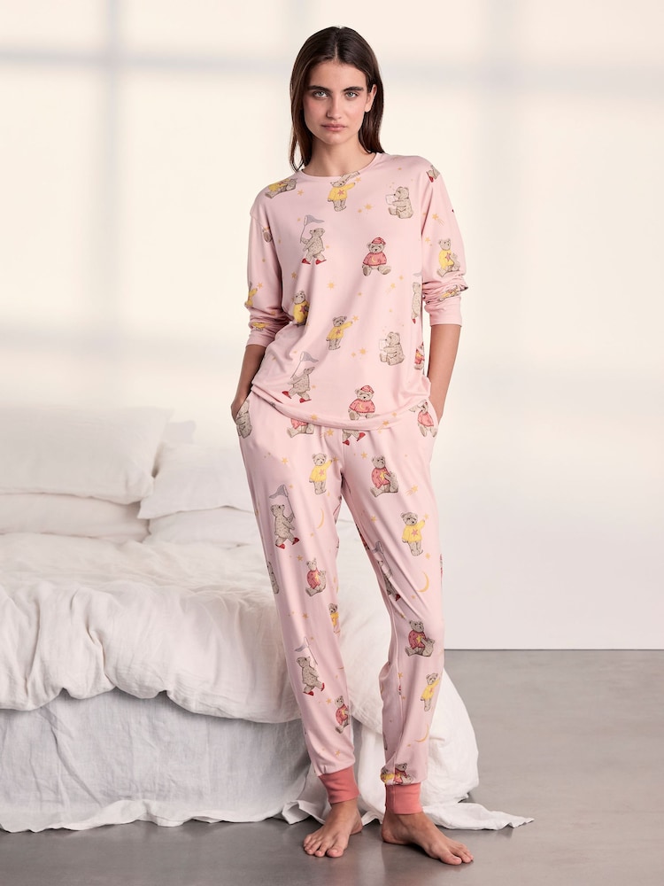 Chelsea Peers Pink Celestial Bear Print Long Pyjamas Set - Image 1 of 6 Chelsea Peers Pink Celestial Bear Print Long Pyjamas Set - Image 1 of 6