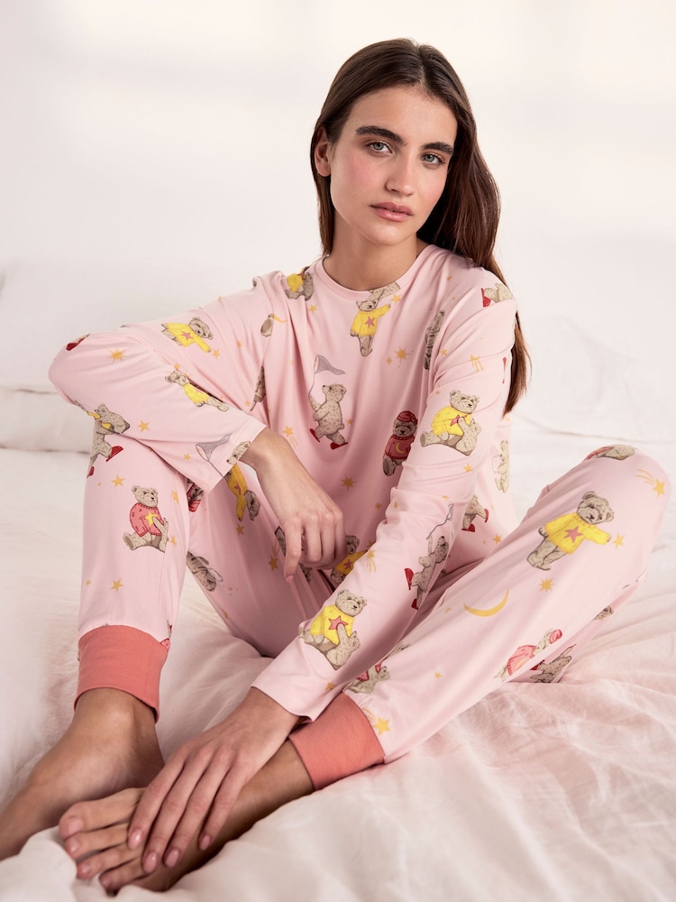 Chelsea Peers Pink Celestial Bear Print Long Pyjamas Set - Image 2 of 6 Chelsea Peers Pink Celestial Bear Print Long Pyjamas Set - Image 2 of 6