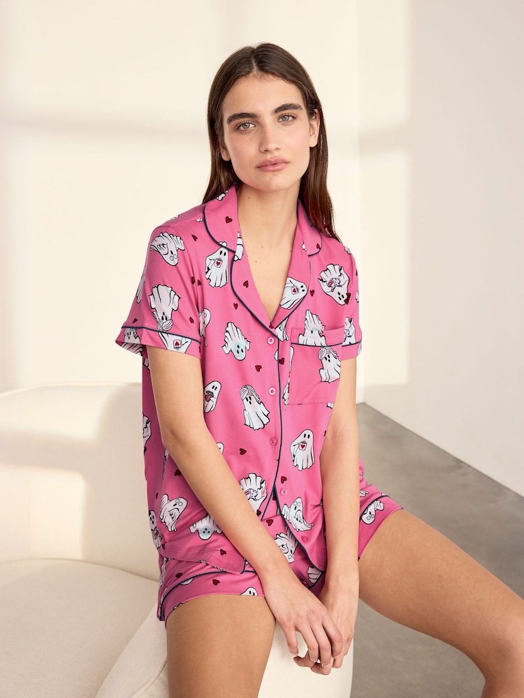 Chelsea Peers Pink Halloween Ghost Print Short Pyjamas Set - Image 1 of 5 Chelsea Peers Pink Halloween Ghost Print Short Pyjamas Set - Image 1 of 5
