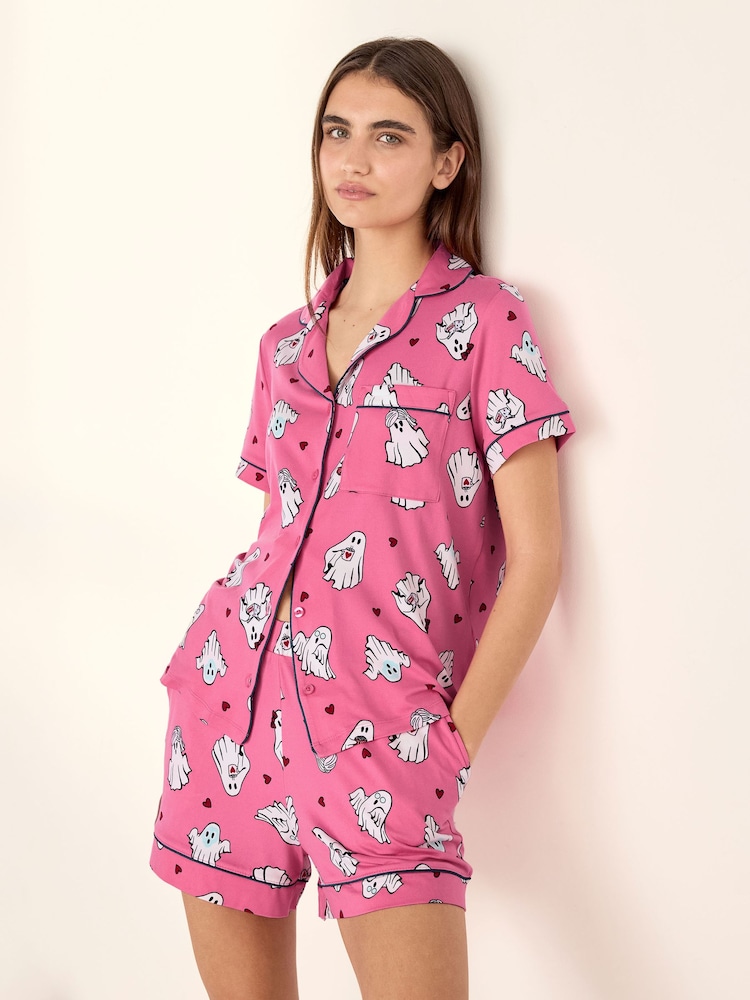 Chelsea Peers Pink Halloween Ghost Print Short Pyjamas Set - Image 2 of 5 Chelsea Peers Pink Halloween Ghost Print Short Pyjamas Set - Image 2 of 5