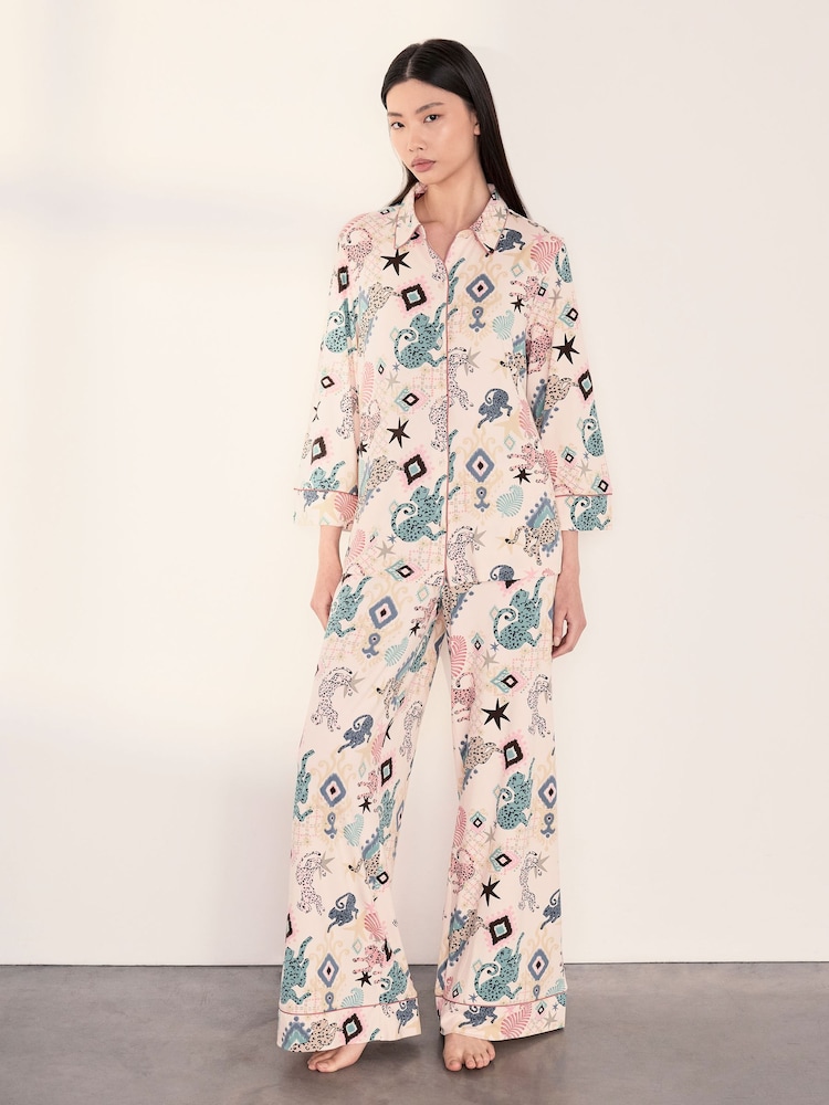 Chelsea Peers Natural Bohemian Leopard Print Long Pyjamas Set - Image 1 of 5 Chelsea Peers Natural Bohemian Leopard Print Long Pyjamas Set - Image 1 of 5