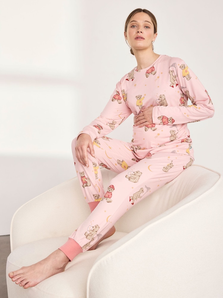 Chelsea Peers Pink Maternity Celestial Bear Print Long Pyjamas Set - Image 1 of 6 Chelsea Peers Pink Maternity Celestial Bear Print Long Pyjamas Set - Image 1 of 6
