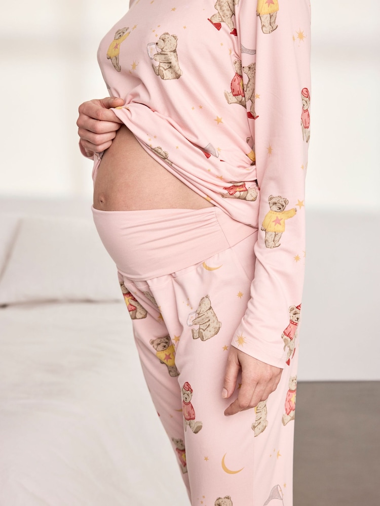 Chelsea Peers Pink Maternity Celestial Bear Print Long Pyjamas Set - Image 2 of 6 Chelsea Peers Pink Maternity Celestial Bear Print Long Pyjamas Set - Image 2 of 6