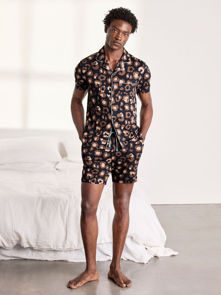 Chelsea Peers Blue Camo Leopard Print Short Pyjama Set - Image 2 of 6 Chelsea Peers Blue Camo Leopard Print Short Pyjama Set - Image 2 of 6