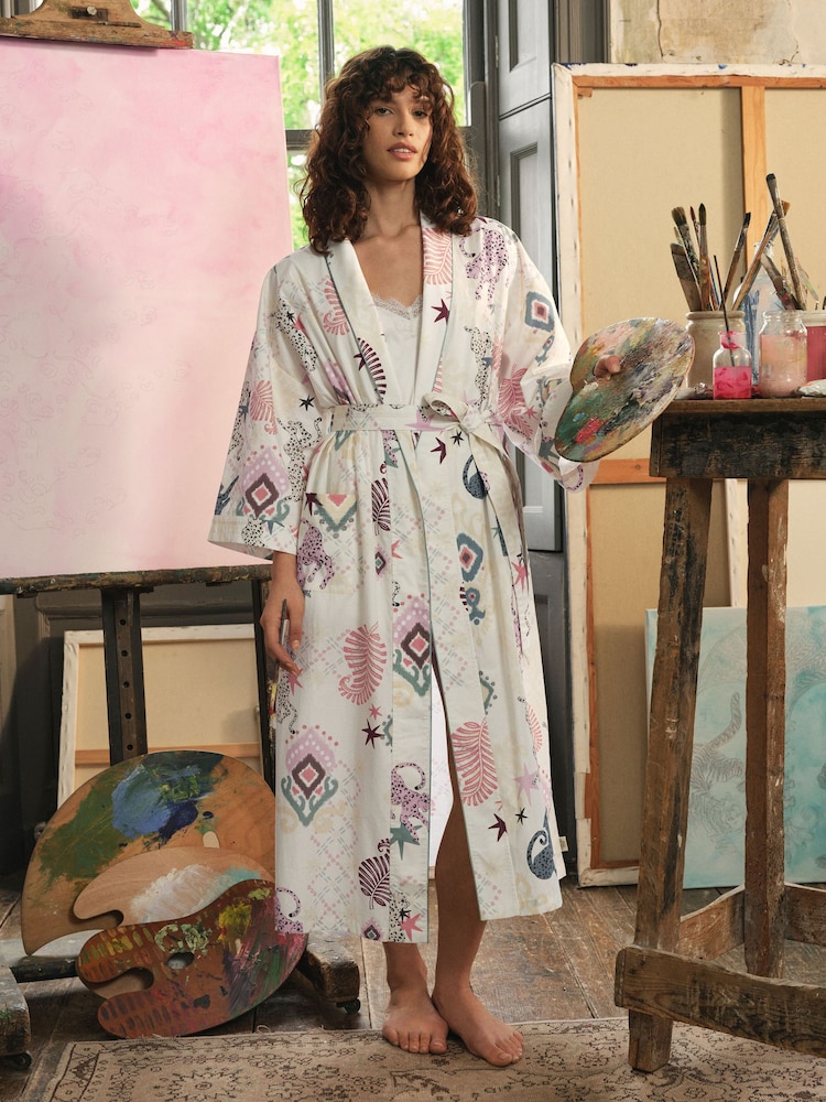 Chelsea Peers Natural Cotton Bohemian Leopard Print Kimono Dressing Gown - Image 1 of 8 Chelsea Peers Natural Cotton Bohemian Leopard Print Kimono Dressing Gown - Image 1 of 8