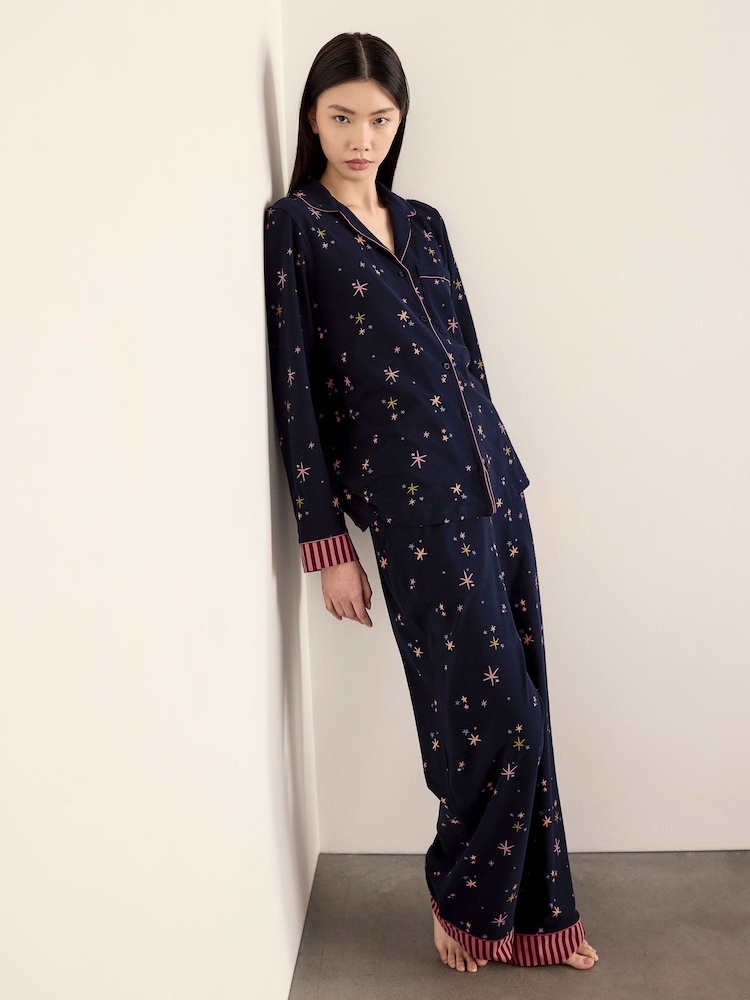 Chelsea Peers Blue Cotton Starlight Print Long Pyjama Set - Image 1 of 6 Chelsea Peers Blue Cotton Starlight Print Long Pyjama Set - Image 1 of 6