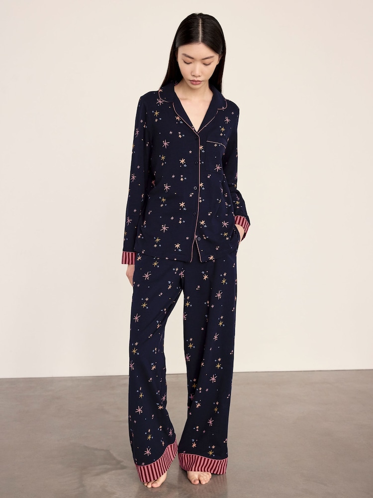 Chelsea Peers Blue Cotton Starlight Print Long Pyjama Set - Image 6 of 6 Chelsea Peers Blue Cotton Starlight Print Long Pyjama Set - Image 6 of 6