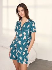 Chelsea Peers Teal Halloween Ghost Print Short Pyjamas Set - Image 1 of 6