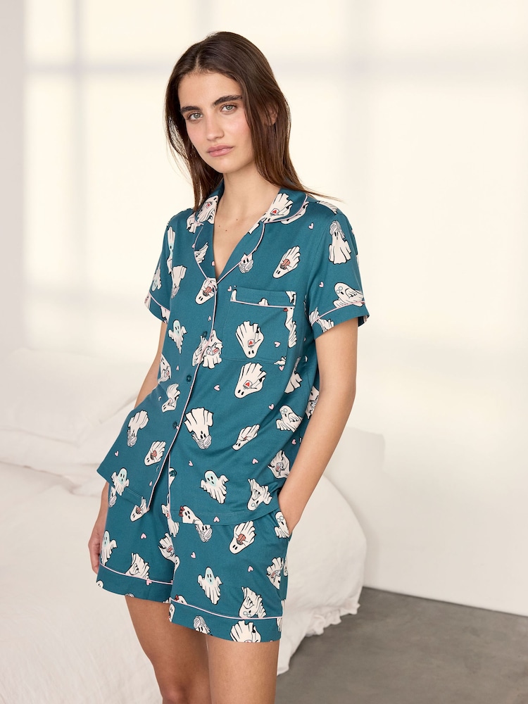 Chelsea Peers Teal Halloween Ghost Print Short Pyjamas Set - Image 1 of 6 Chelsea Peers Teal Halloween Ghost Print Short Pyjamas Set - Image 1 of 6