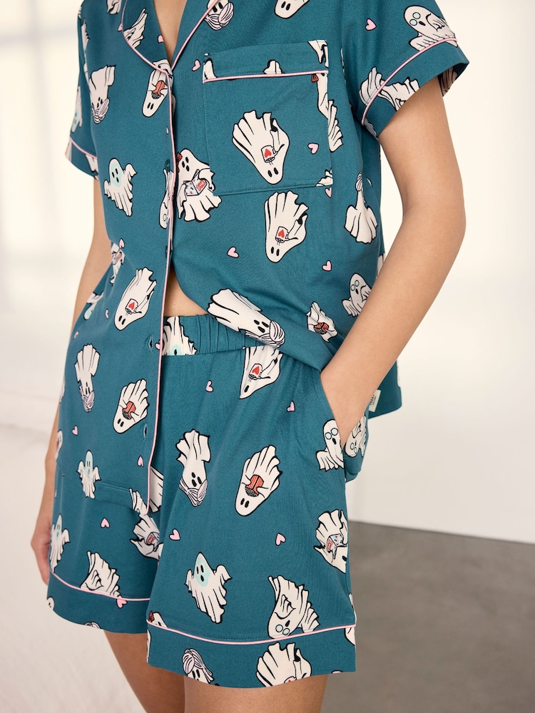 Chelsea Peers Teal Halloween Ghost Print Short Pyjamas Set - Image 6 of 6 Chelsea Peers Teal Halloween Ghost Print Short Pyjamas Set - Image 6 of 6