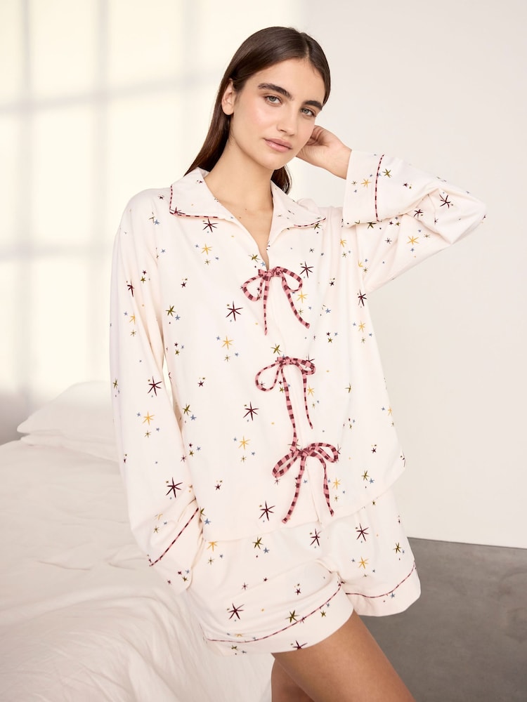 Chelsea Peers Natural Cotton Starlight Print Short Pyjama Set - Image 1 of 6 Chelsea Peers Natural Cotton Starlight Print Short Pyjama Set - Image 1 of 6